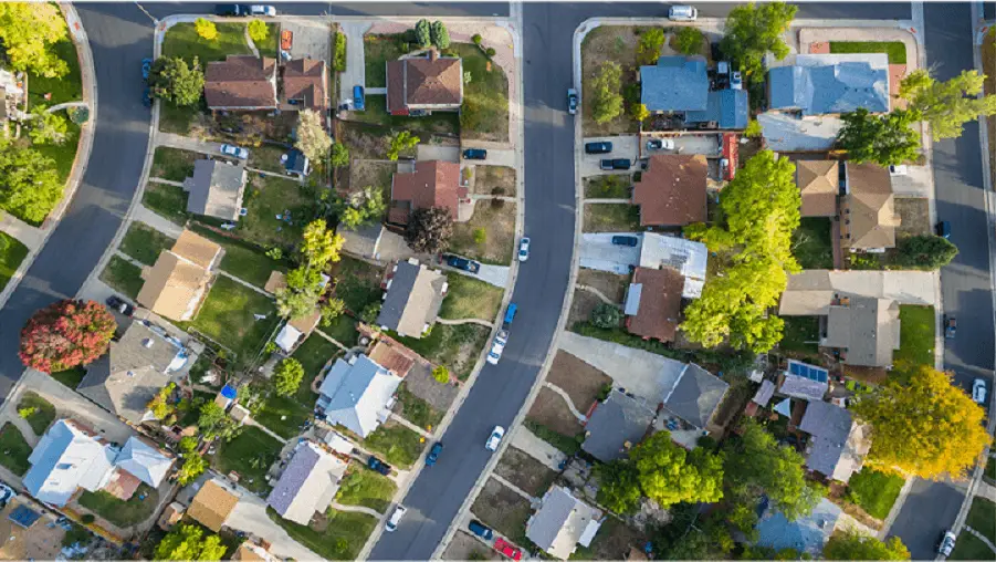 Aerial view of an East Coast suburb. Full perspective of good roofs. ATTYX Roofing